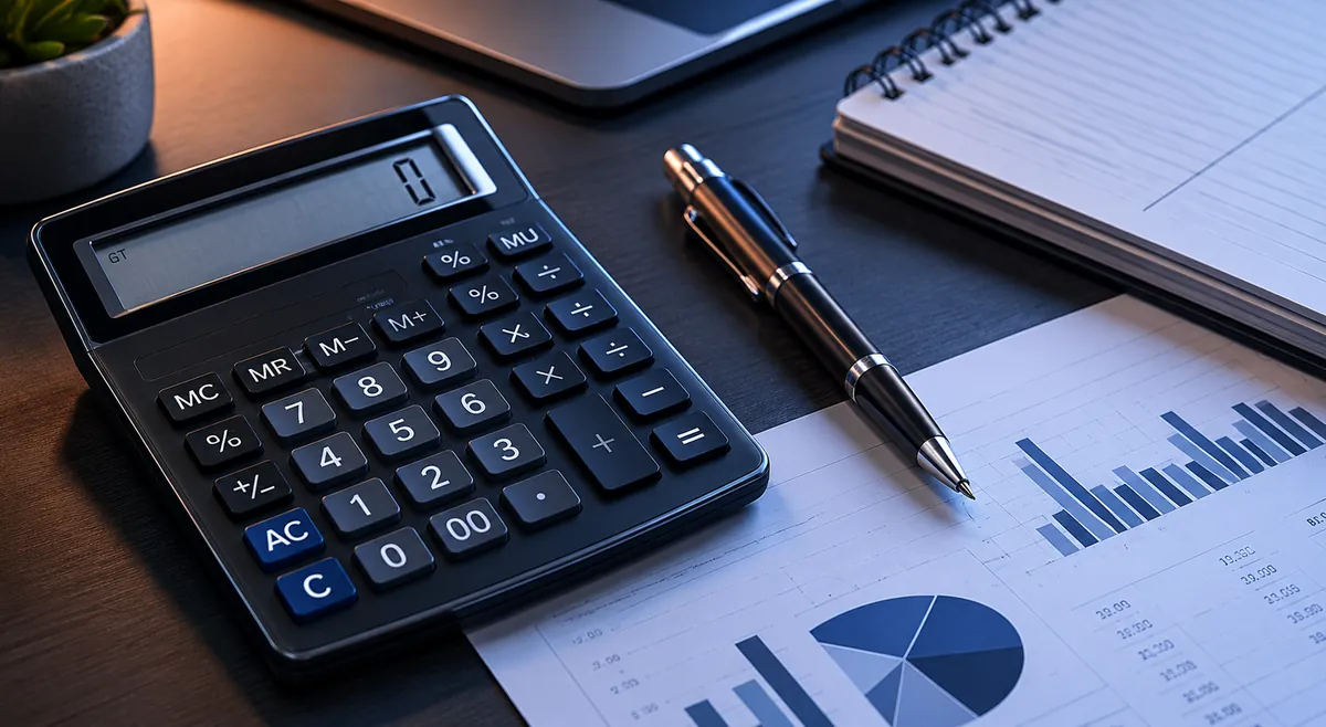 Escritorio contable con calculadora, informe financiero y gráficos